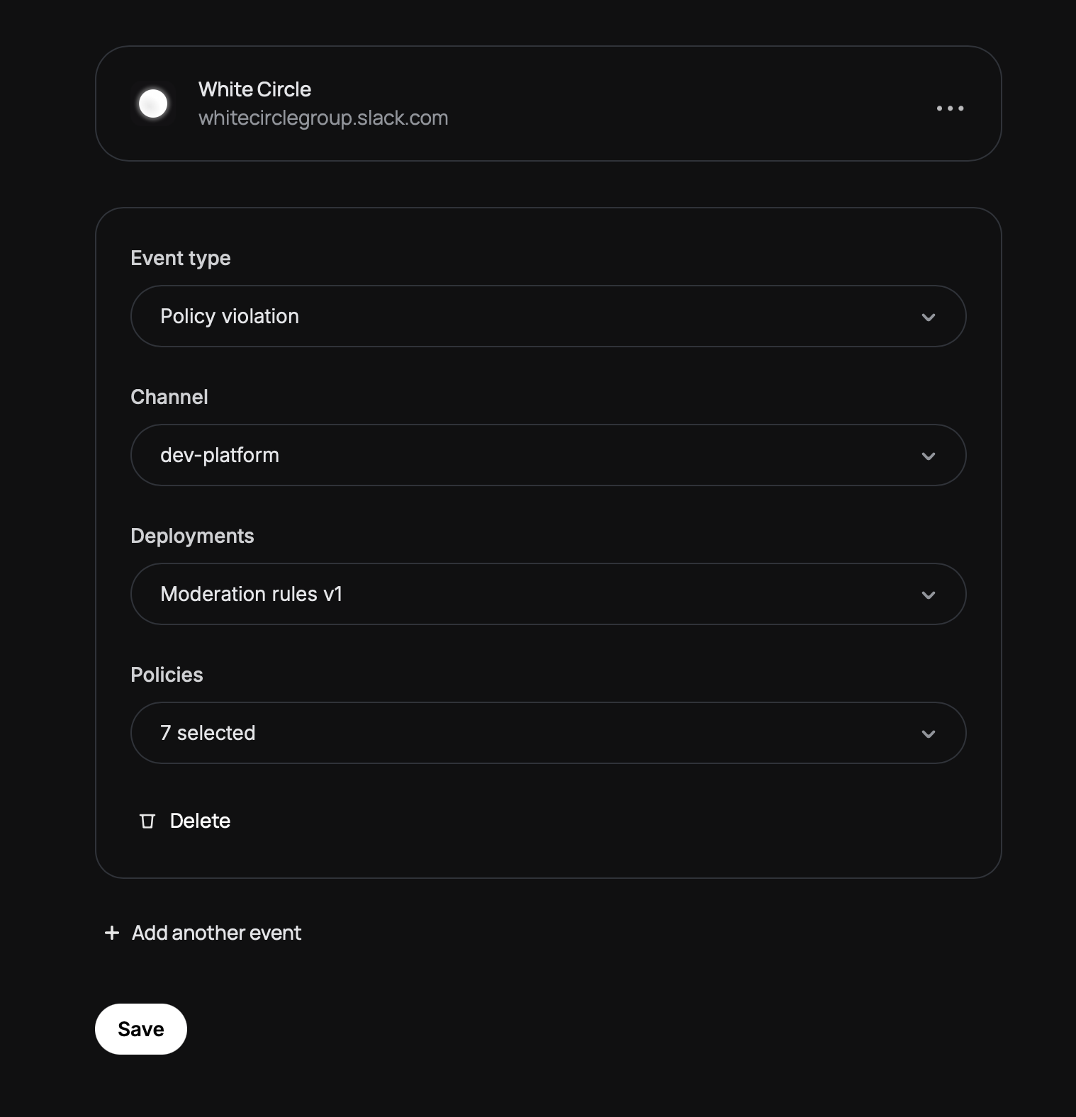 Example Slack notification showing a Policy violation