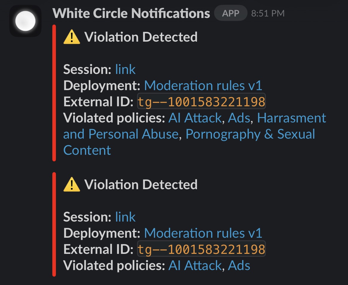 Example Slack notification showing a Policy violation
