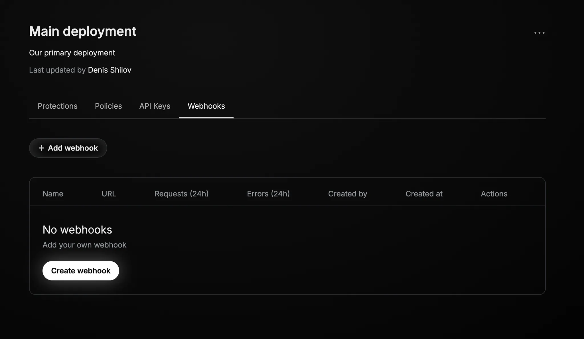 Deployment webhook page