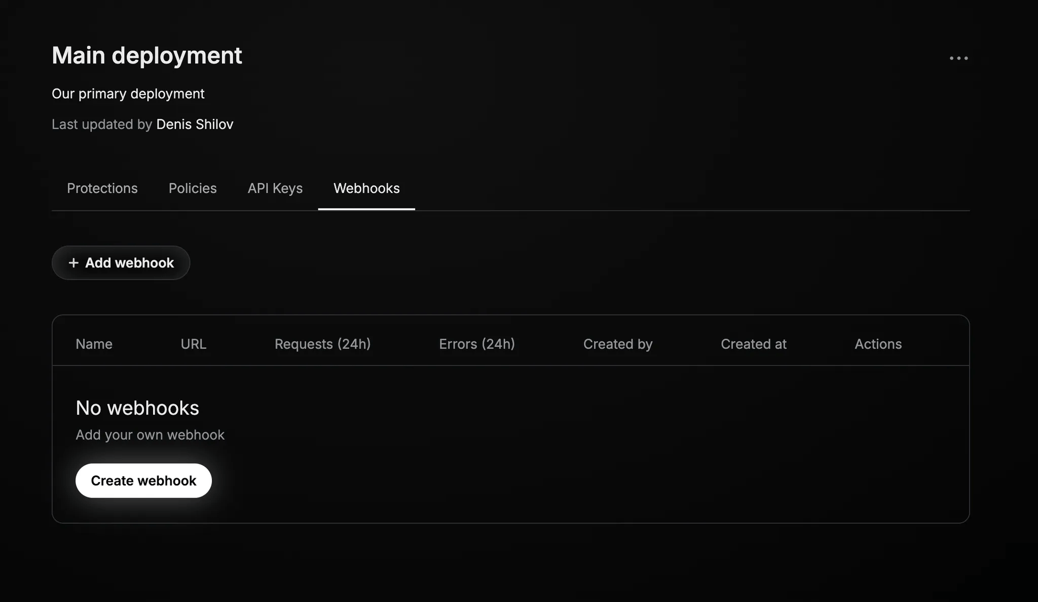 Deployment webhook page
