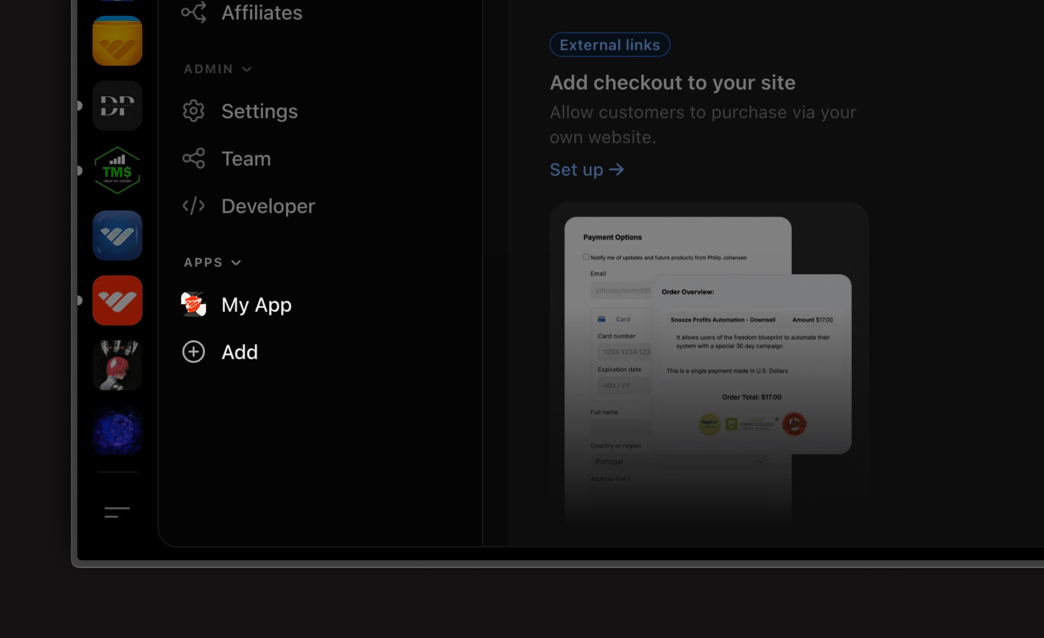 Dashboard Sidebar Apps Section
