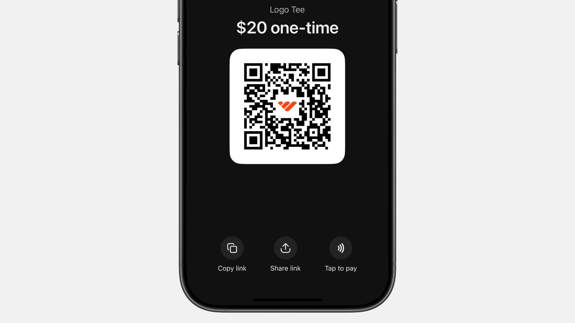 Whop iOS checkout screen showing a product QR code with Copy link, Share link, and Tap to pay buttons