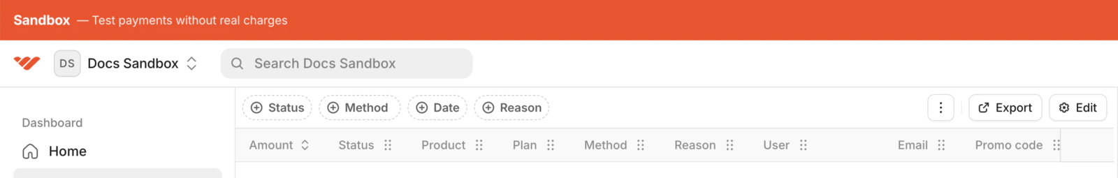 Sandbox dashboard Payments page showing the payments list