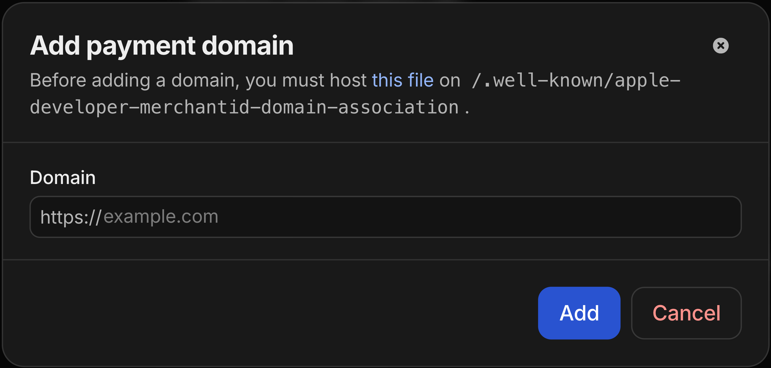 Add domain dialog for self-hosted verification