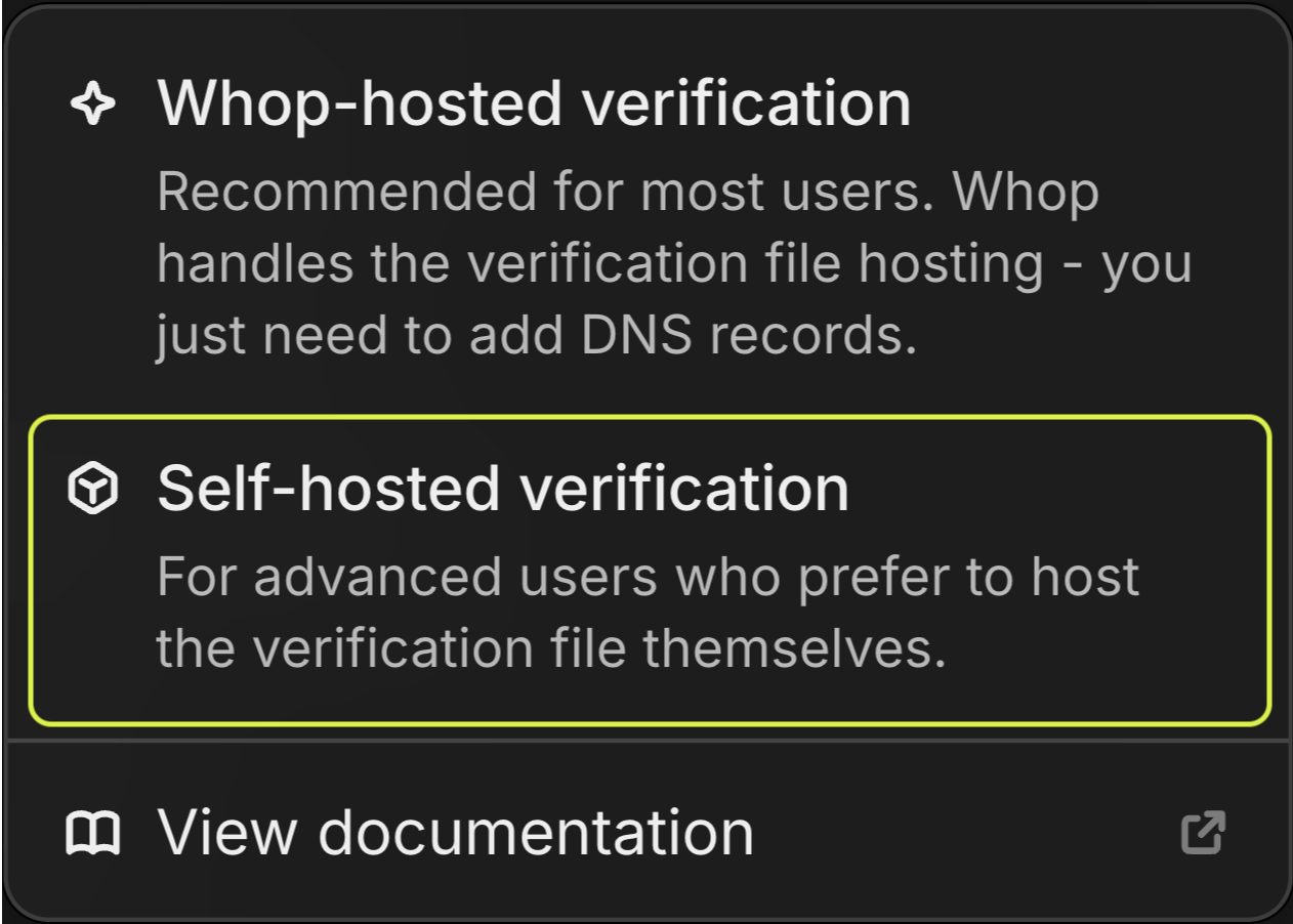 Add domain dropdown menu with self-hosted option