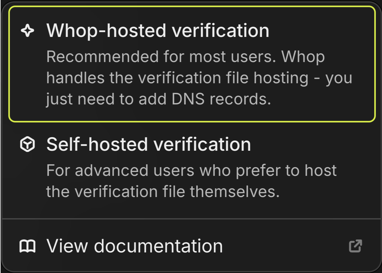 Add domain dropdown menu with Whop-hosted option