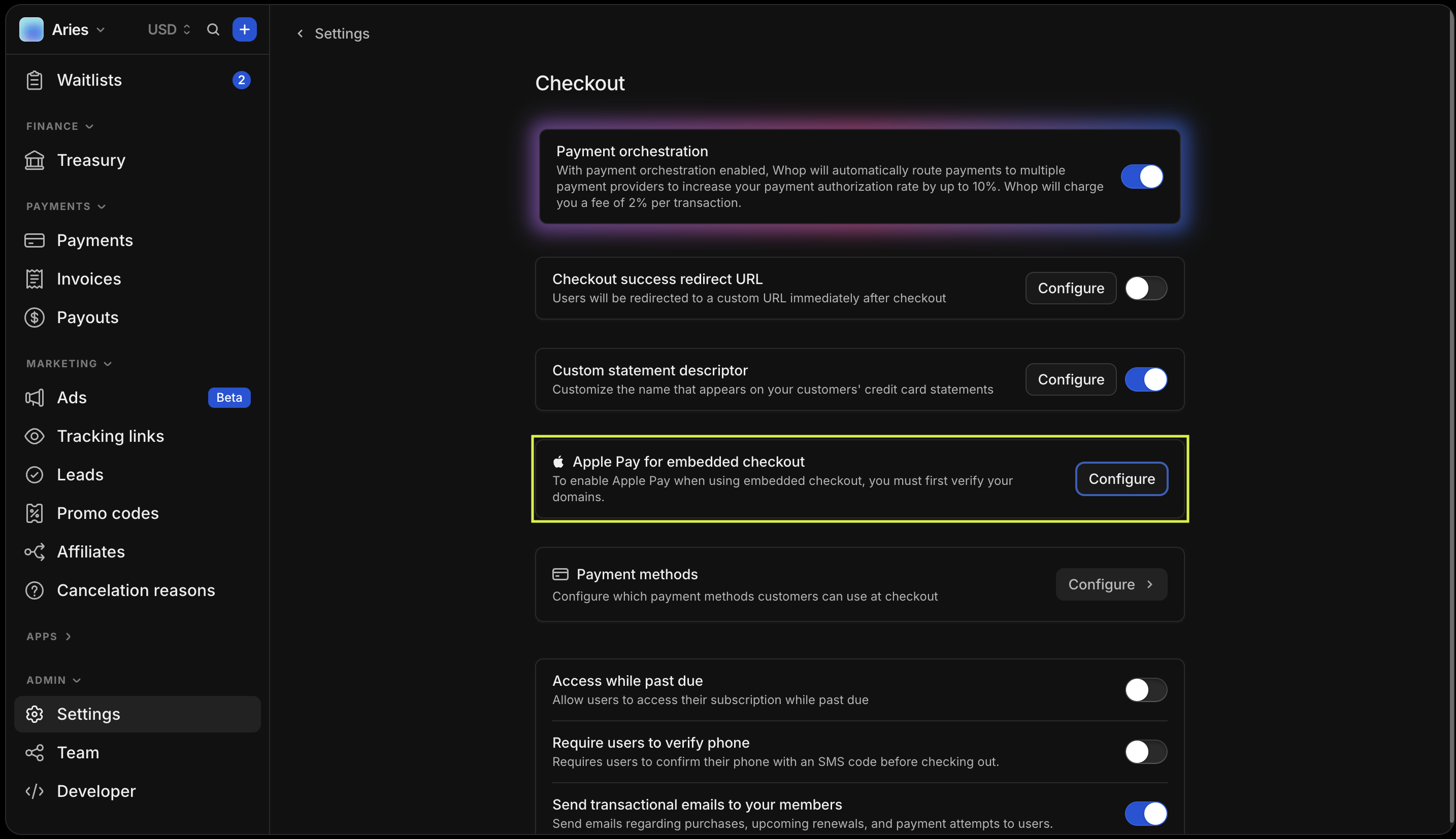 Payment domains settings showing the Configure button