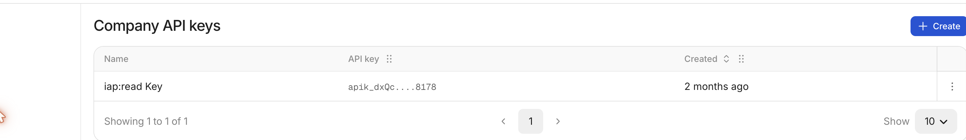 Whop dashboard Company API Keys section showing a key name, masked value, and Create button