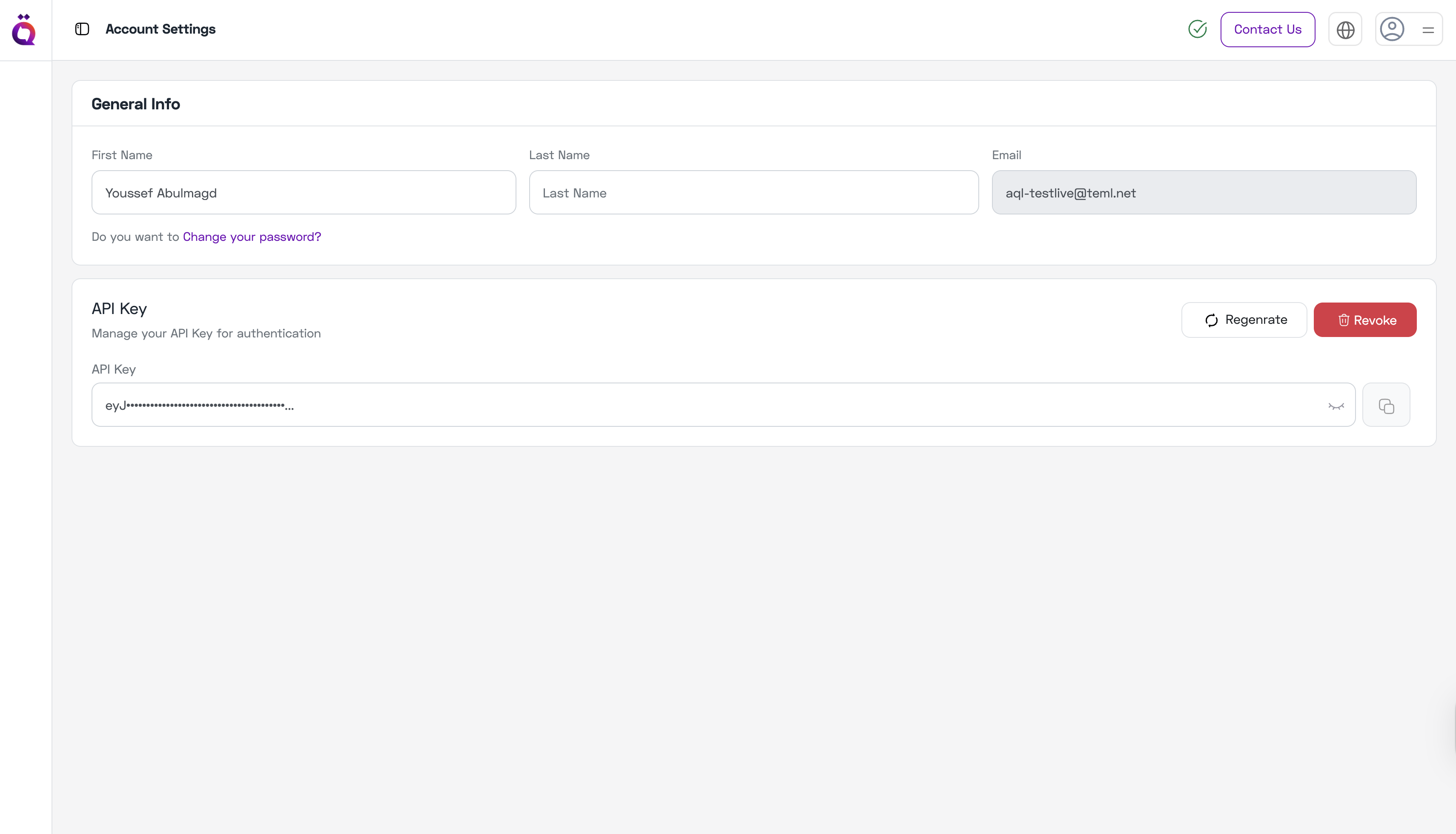 Account Settings - After Generating API Key