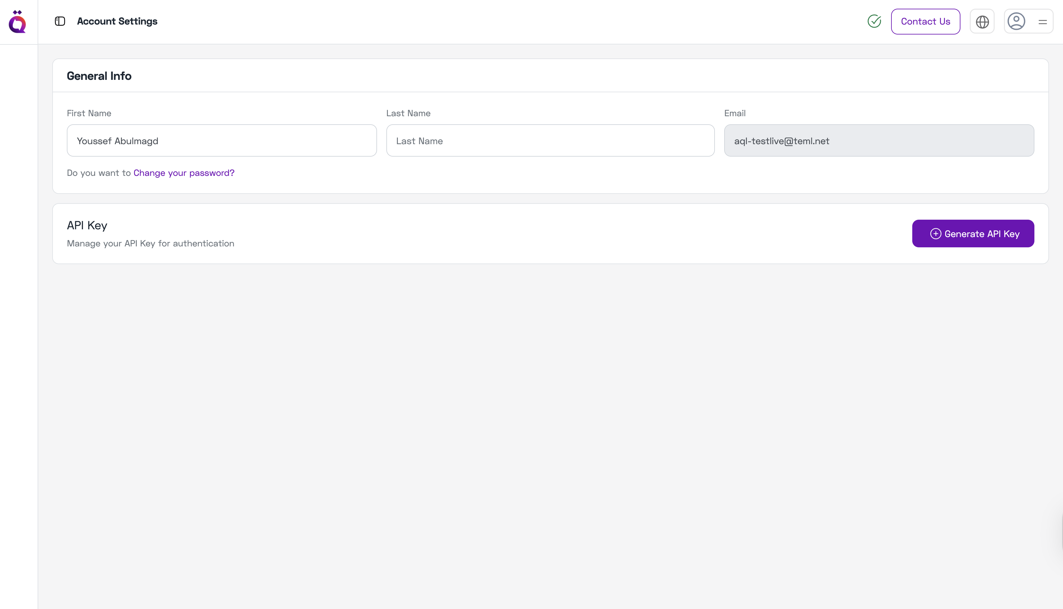 Account Settings - Before Generating API Key