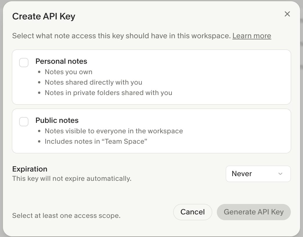 Granola's Create API Key dialog with the Personal notes and Public notes access scopes