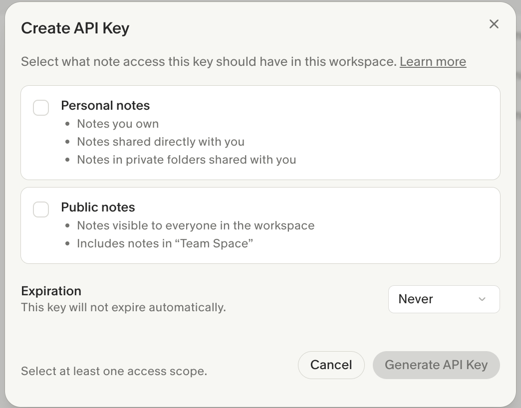 Granola's Create API Key dialog with the Personal notes and Public notes access scopes