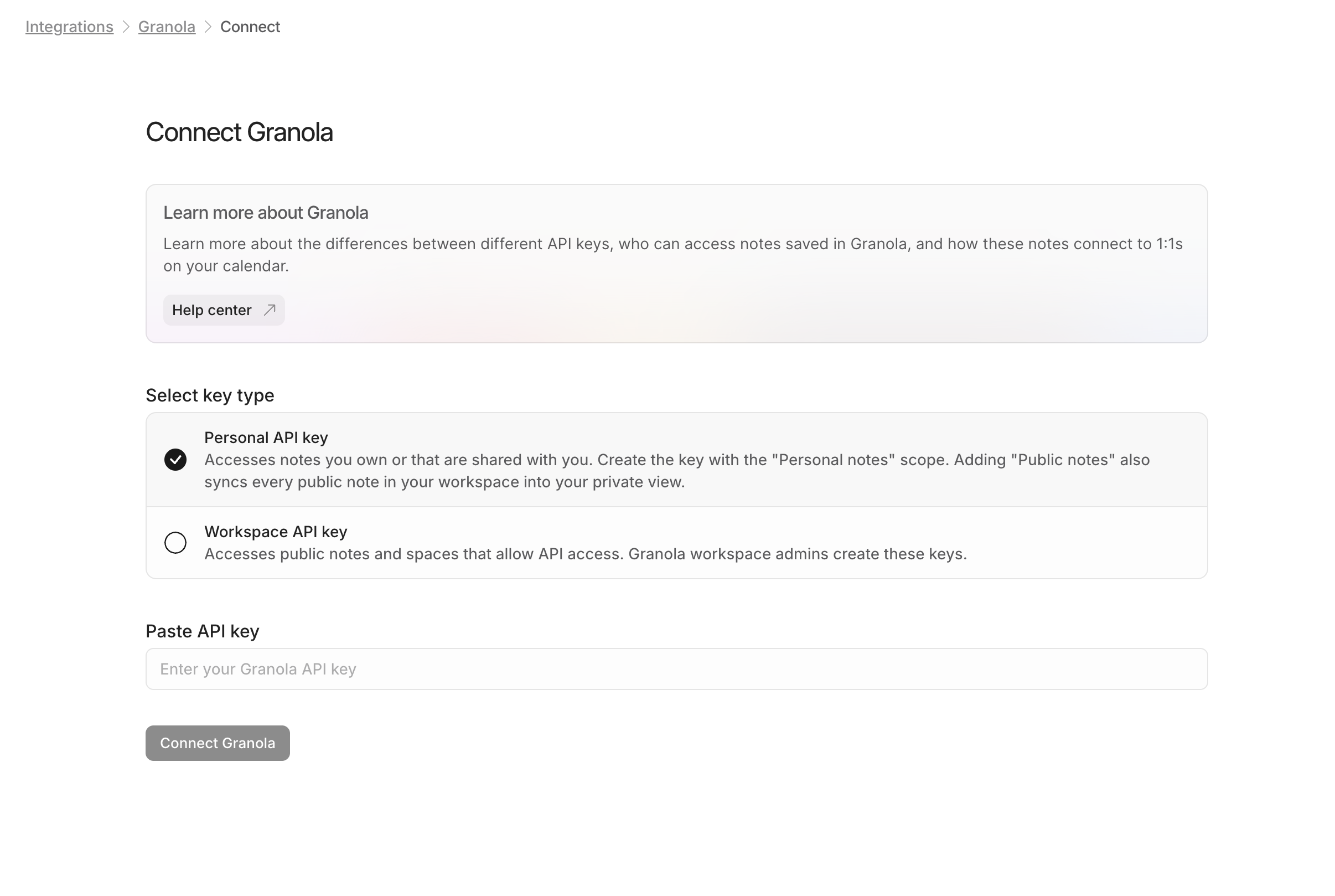 Windmill's Connect Granola page with the Personal API key and Workspace API key options and the API key input