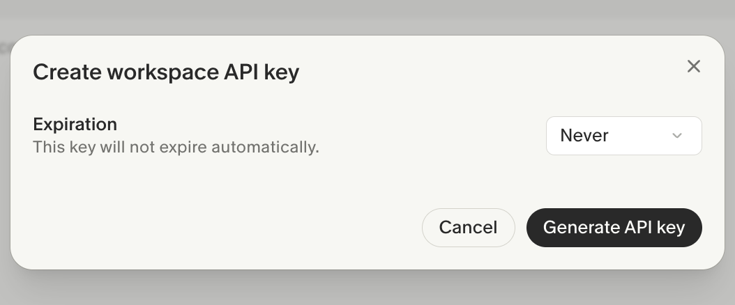 Granola's Create workspace API key dialog with the expiration set to Never