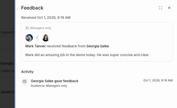 The feedback details drawer showing the audience, the author and recipient, the feedback text, and the Activity history