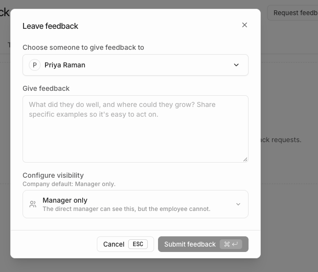 The Leave feedback form with a colleague selected, a feedback text box, and the Configure visibility picker set to the company default