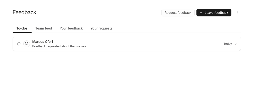 The Feedback page on the To-dos tab, with Request feedback and Leave feedback buttons and one feedback request to-do
