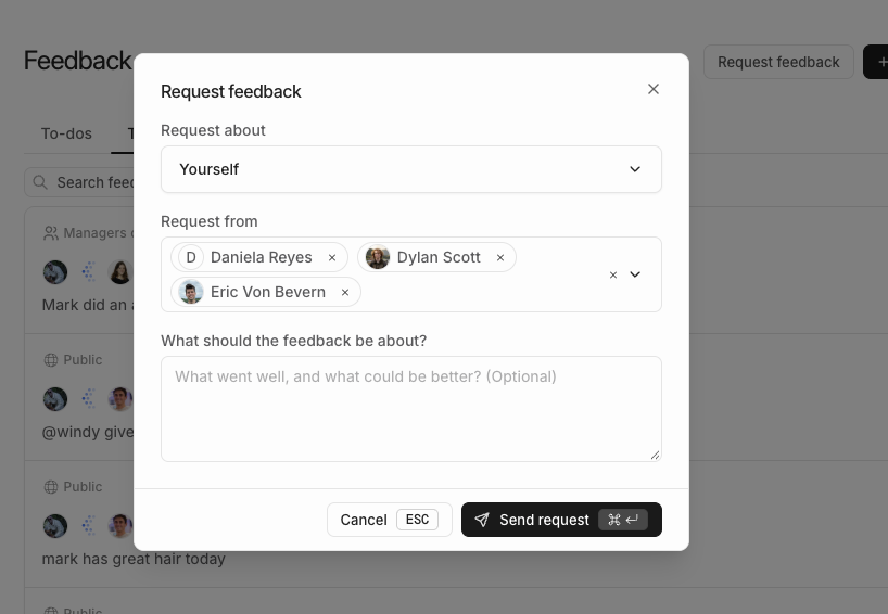 The Request feedback form with Request about set to Yourself, three colleagues selected under Request from, and an optional topic field