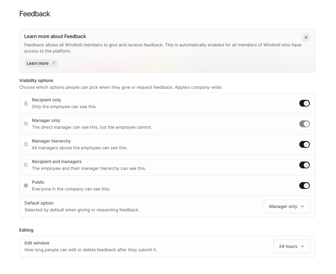 The Feedback settings page with toggles for each visibility option, the Default option menu, and the Edit window menu