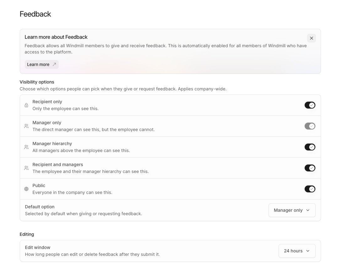 The Feedback settings page with toggles for each visibility option, the Default option menu, and the Edit window menu