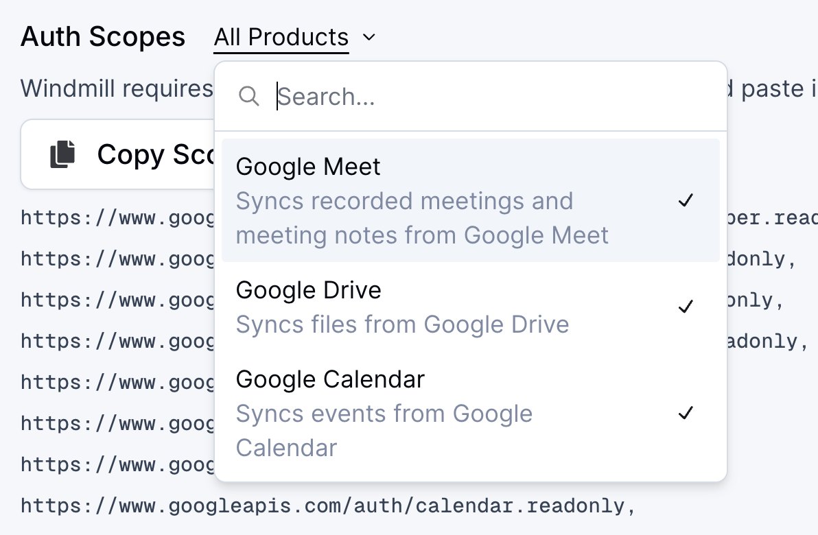 Google Workspace product selection interface showing checkboxes for Google Meet, Google Drive, and Google Calendar