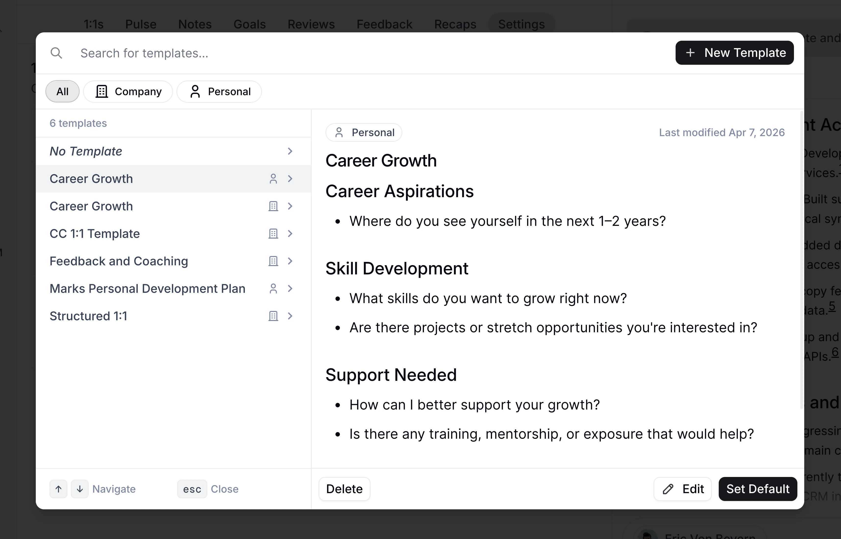 The Templates picker on a 1:1 showing company and personal templates, with a template preview open