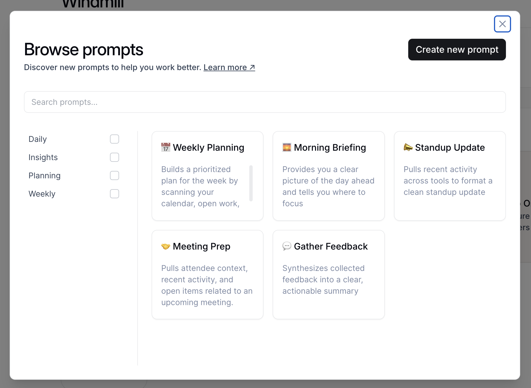 The prompt gallery showing template cards with search and tag filters