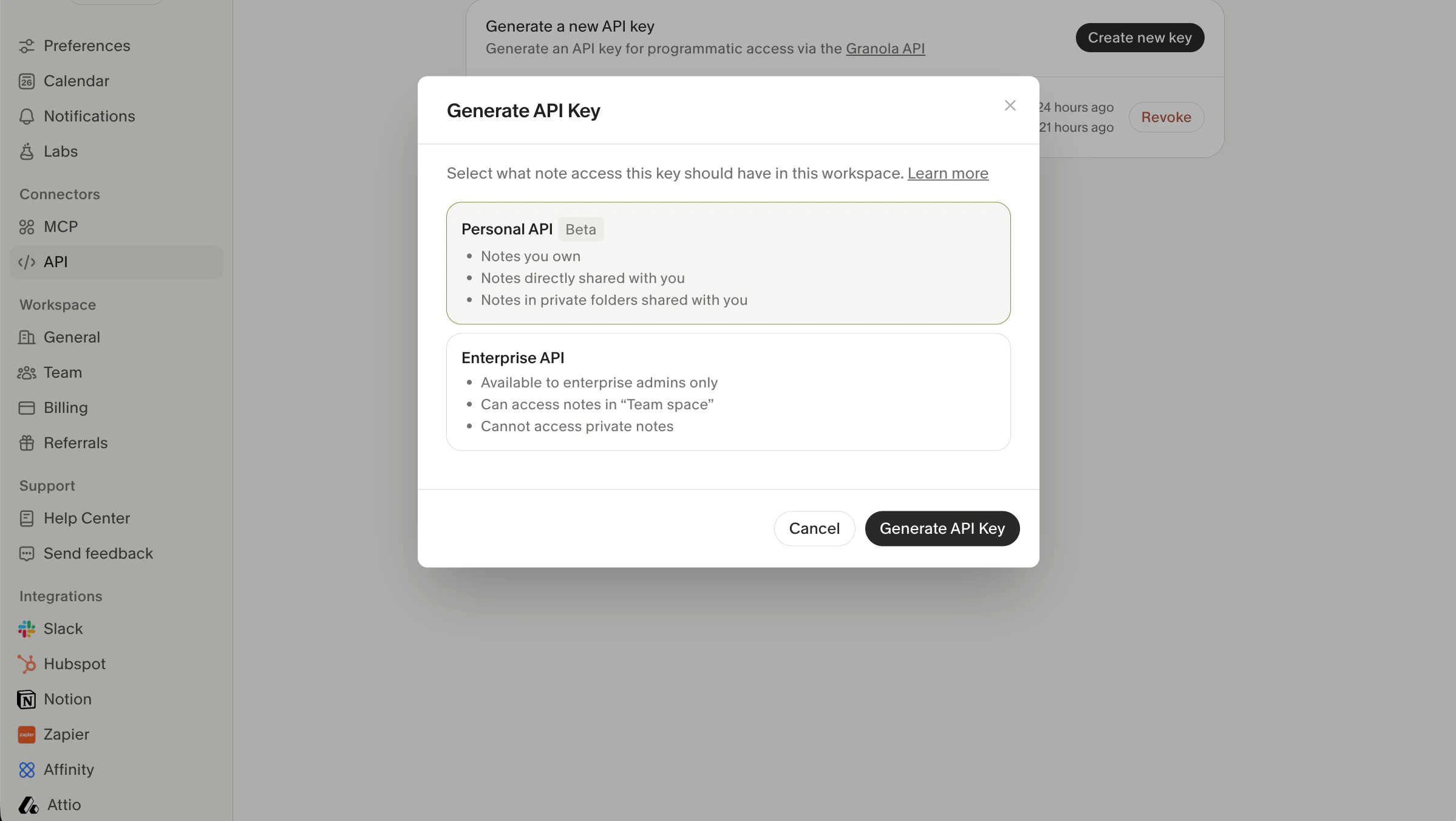 Granola's Generate API Key dialog showing Personal API and Enterprise API options