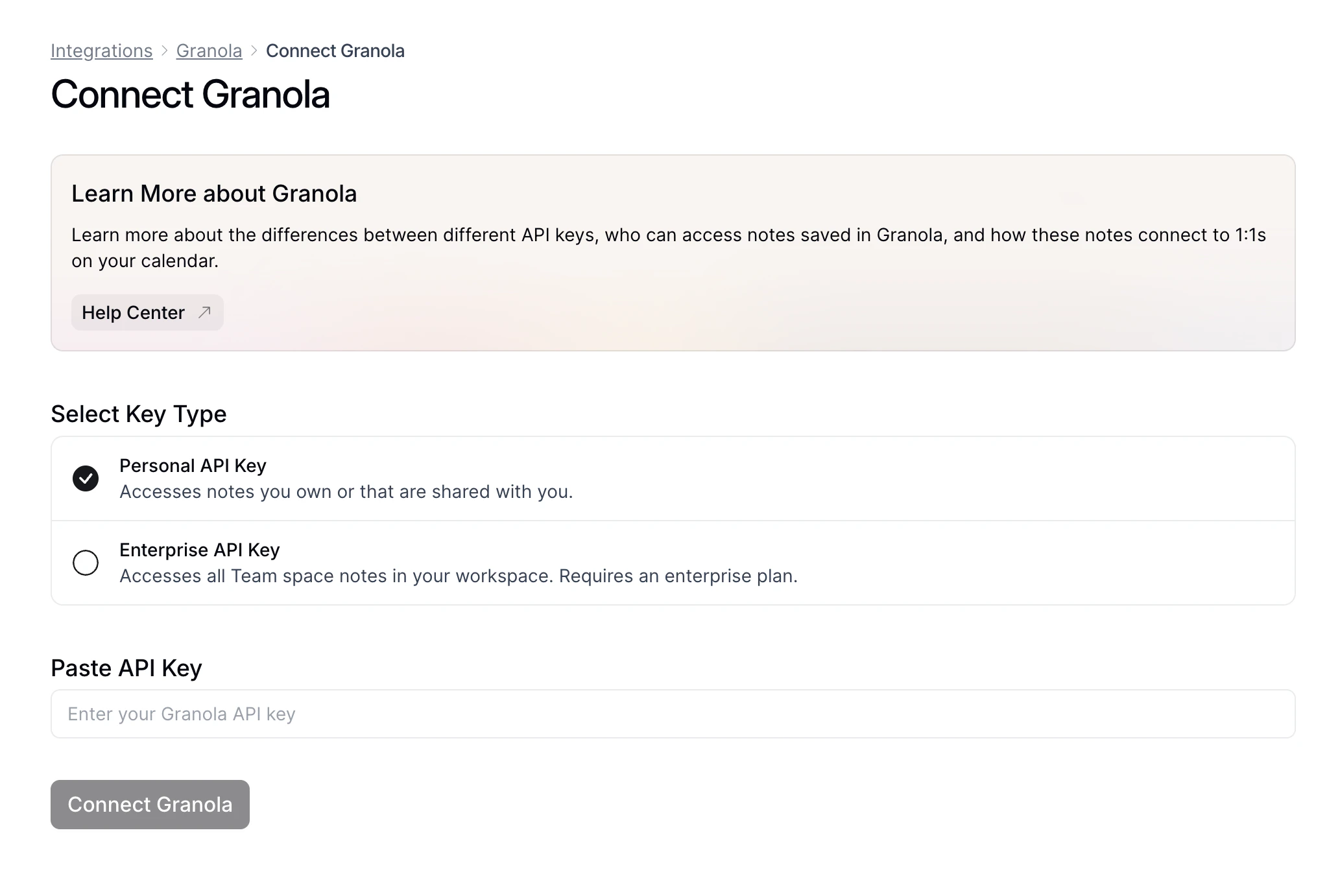 Windmill's Connect Granola page with key type selection and API key input