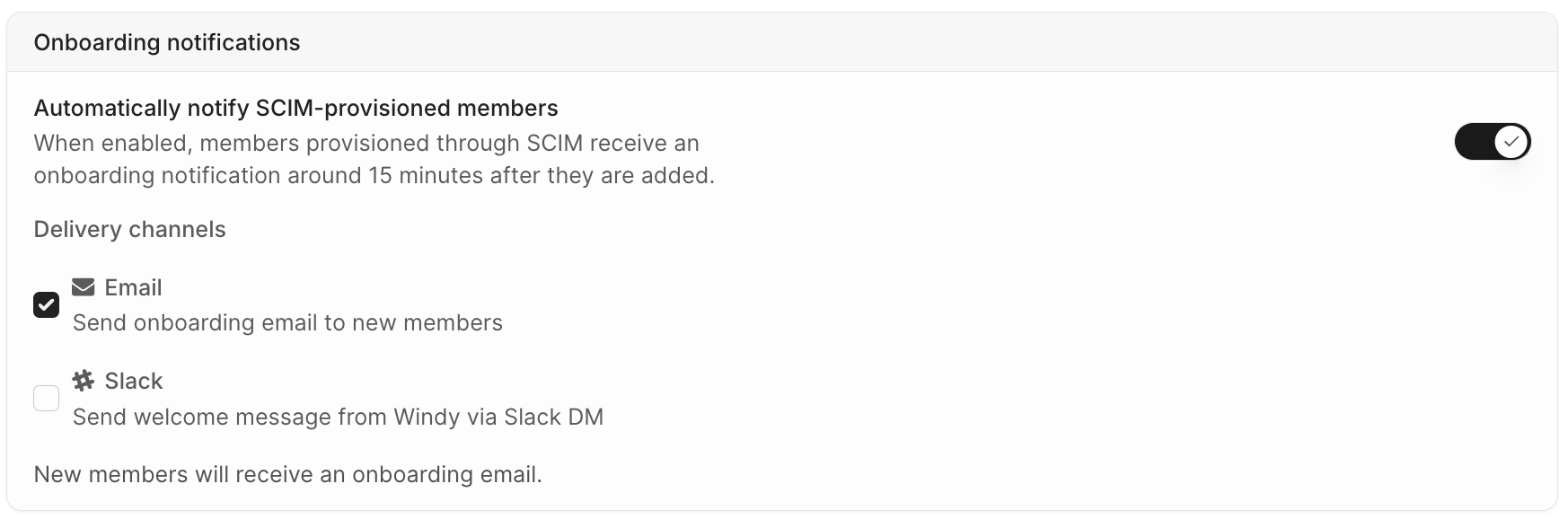 Onboarding notifications settings with the toggle on and the Email delivery channel selected
