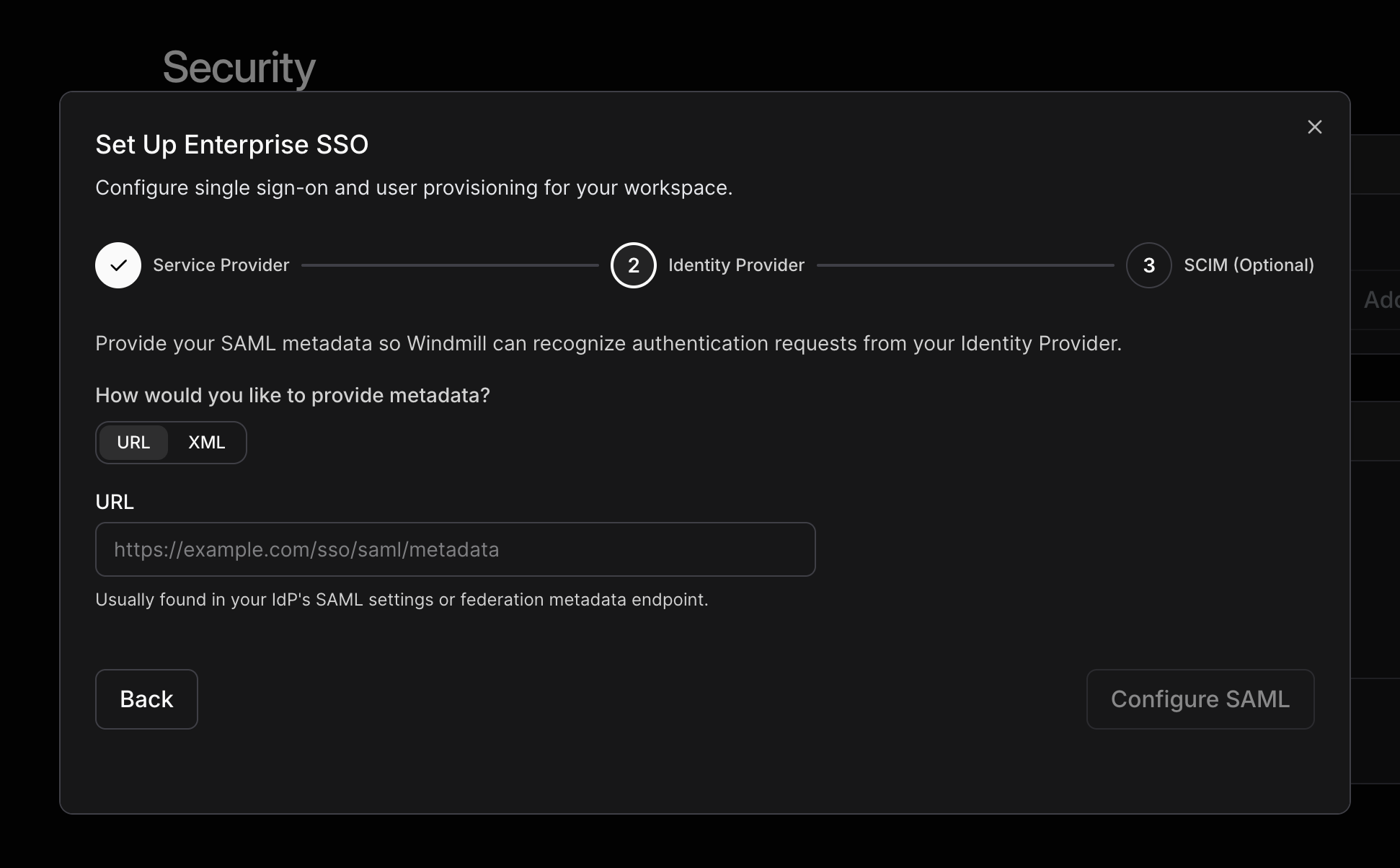 SSO wizard showing URL and XML options for IdP metadata