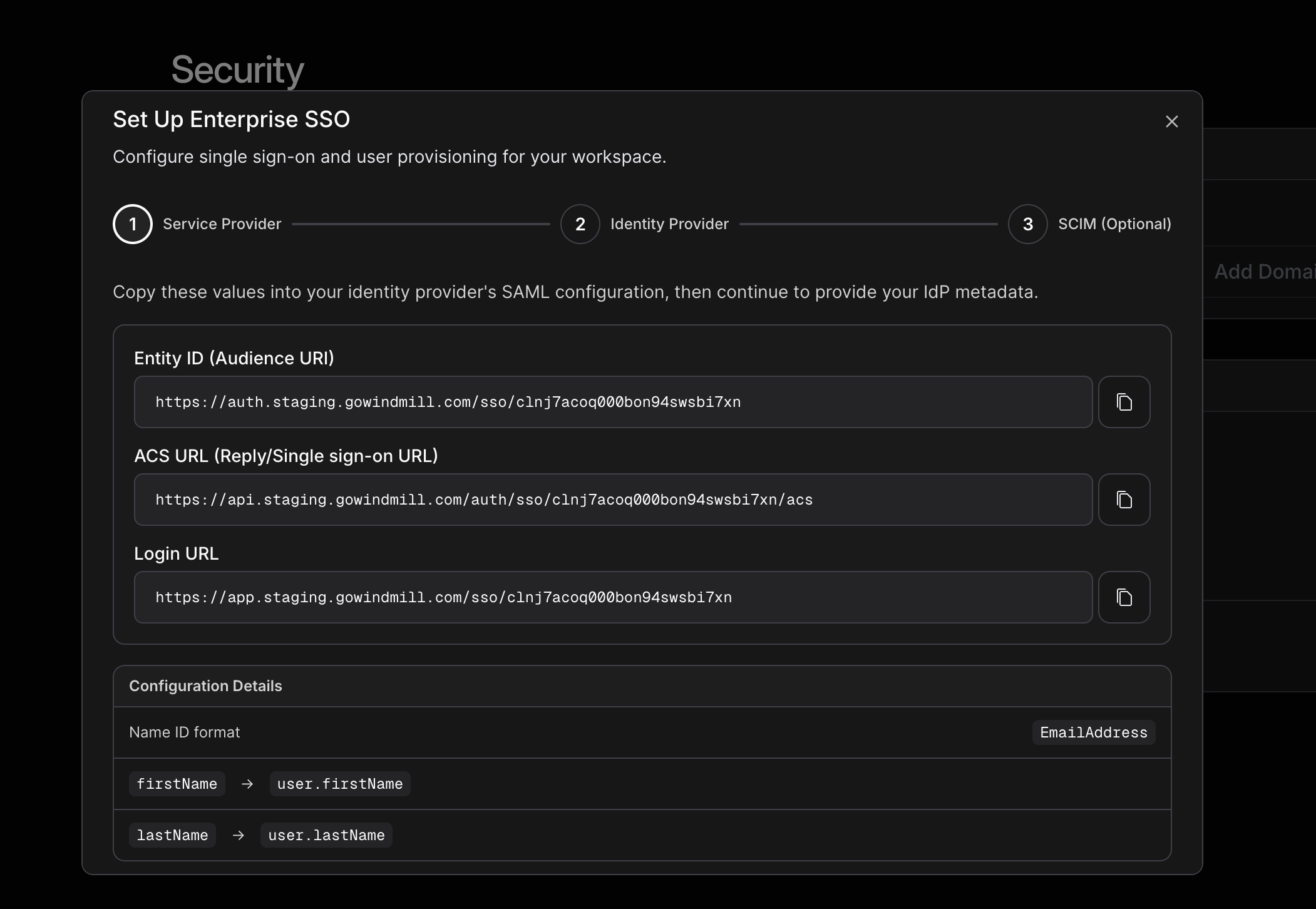 SSO wizard showing Entity ID, ACS URL, Login URL, and attribute mappings