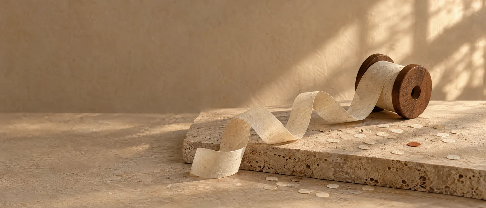 A spool of paper tape unrolling across stone