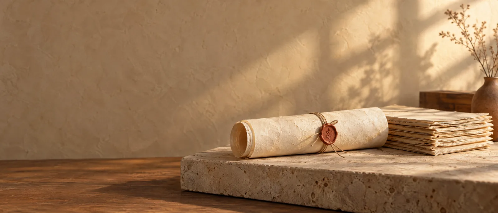 A rolled paper scroll closed with a terracotta wax seal