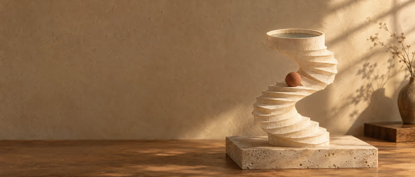 A spiral staircase of layered paper steps rising towards a small round paper pool