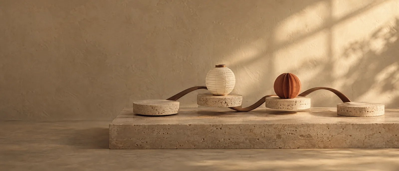 Four stone discs linked by thin bent wooden loops, with a paper lantern on one