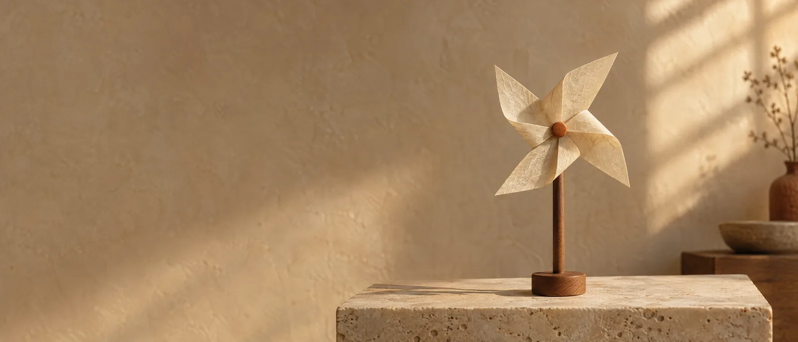 A paper windmill on a walnut post