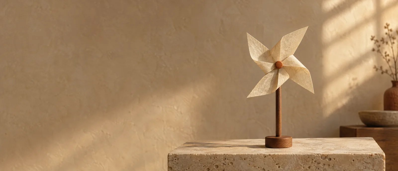 A paper windmill on a walnut post