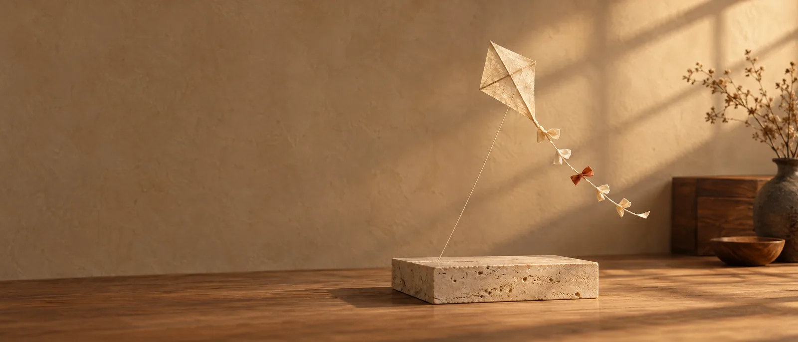 A folded paper kite lifting off a stone pedestal on a thread