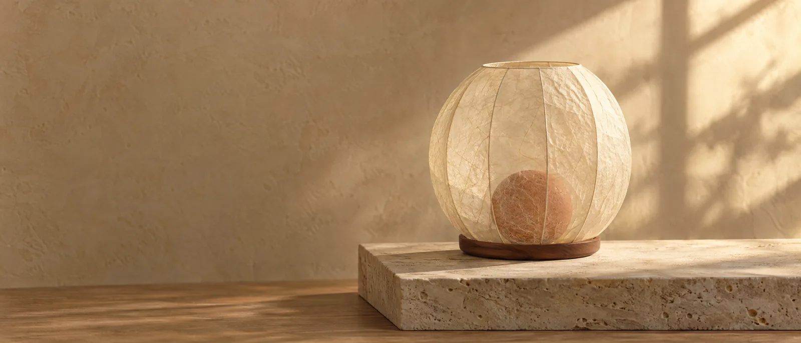 A translucent paper lantern shade enclosing a small terracotta sphere, a thin wooden ring at its base