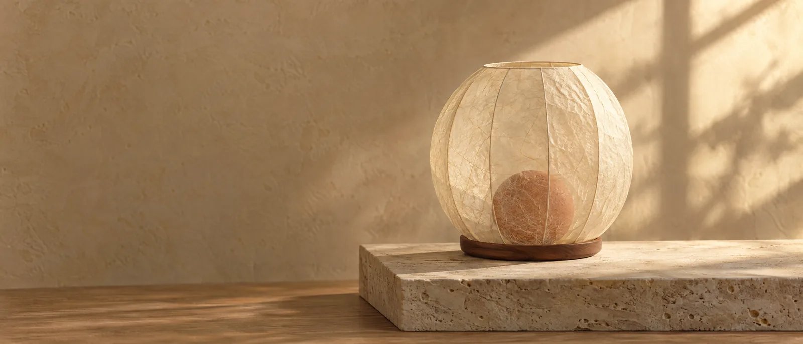 A translucent paper lantern shade enclosing a small terracotta sphere, a thin wooden ring at its base