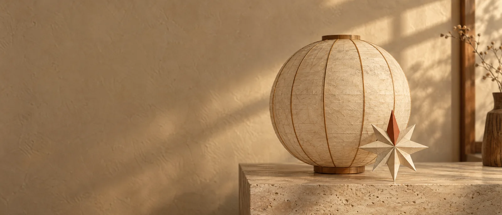 A paper globe lantern with a small folded compass rose in front of it
