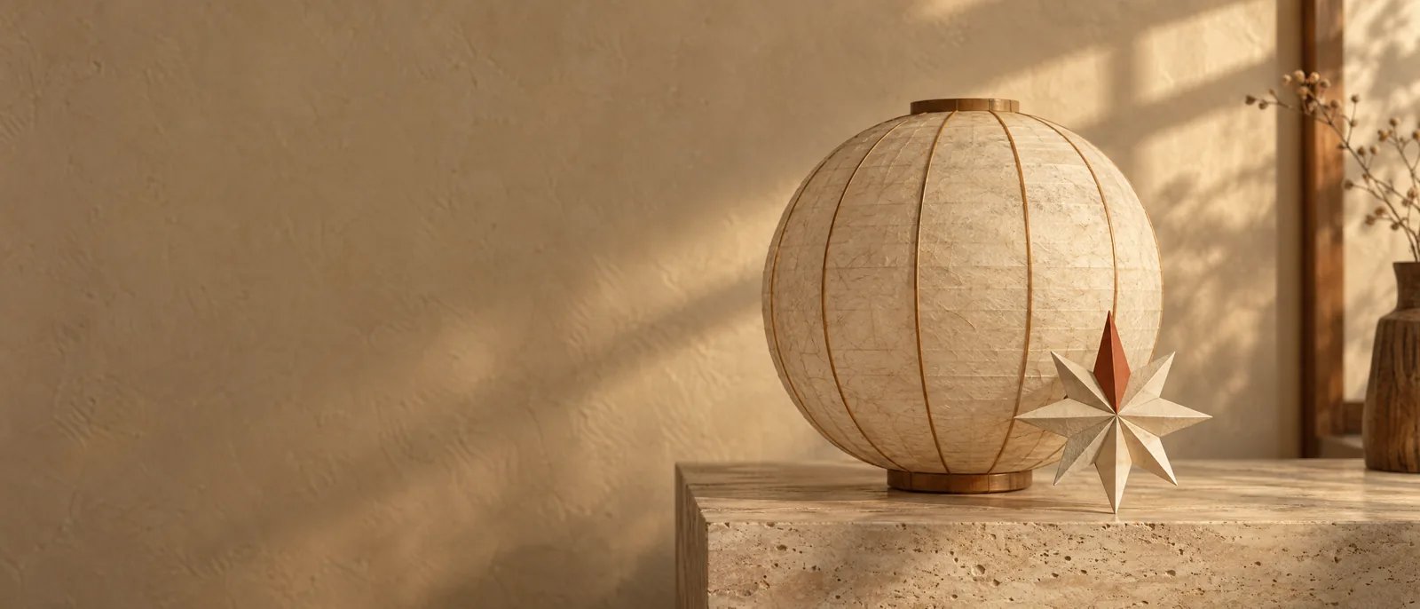 A paper globe lantern with a small folded compass rose in front of it