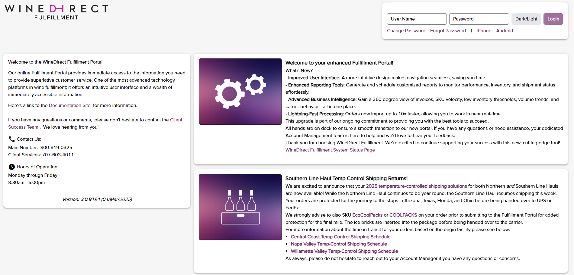 WineDirect Fulfillment Portal Login Screen