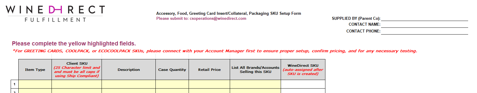 Non-Wine SKU Setup Form