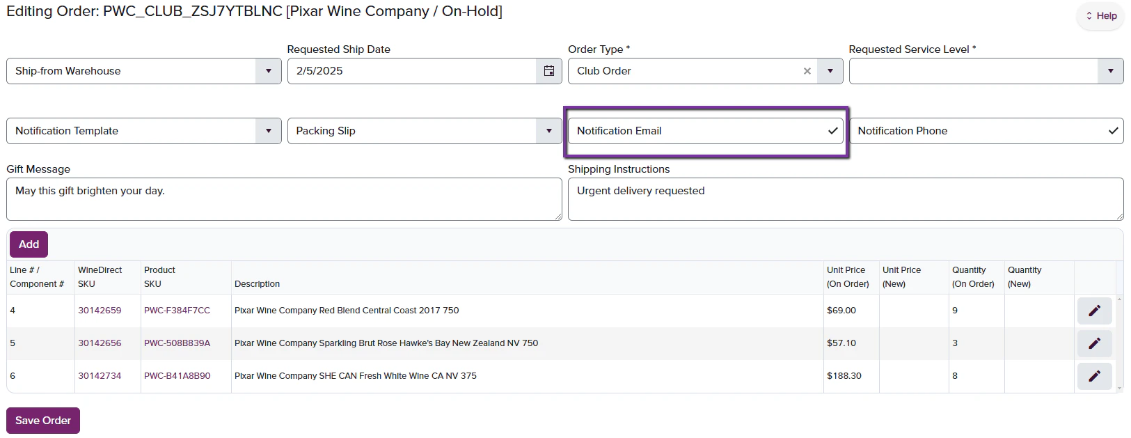 Notification email address field in order editing interface