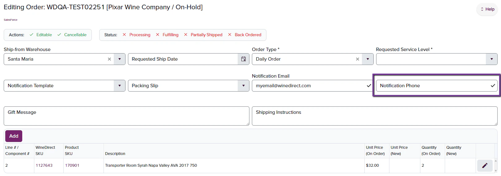 Notification phone number field in order editing interface