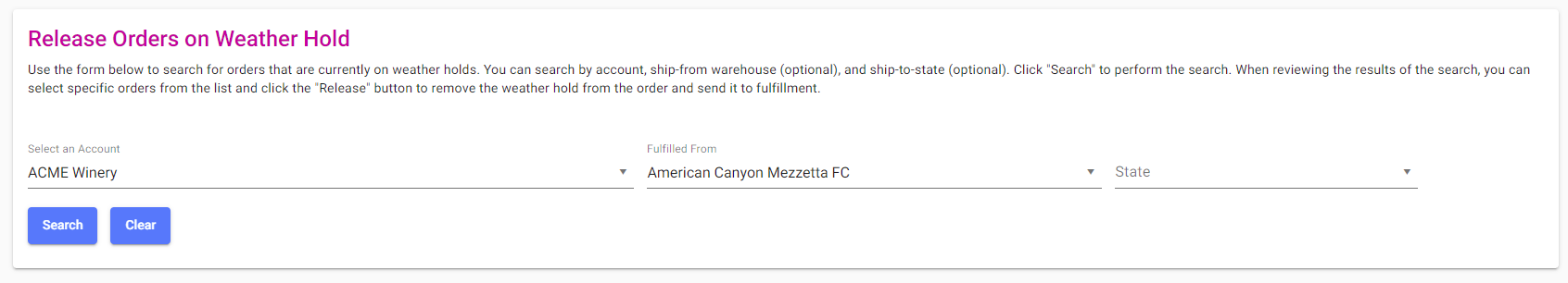 Release weather holds interface with search and filter options