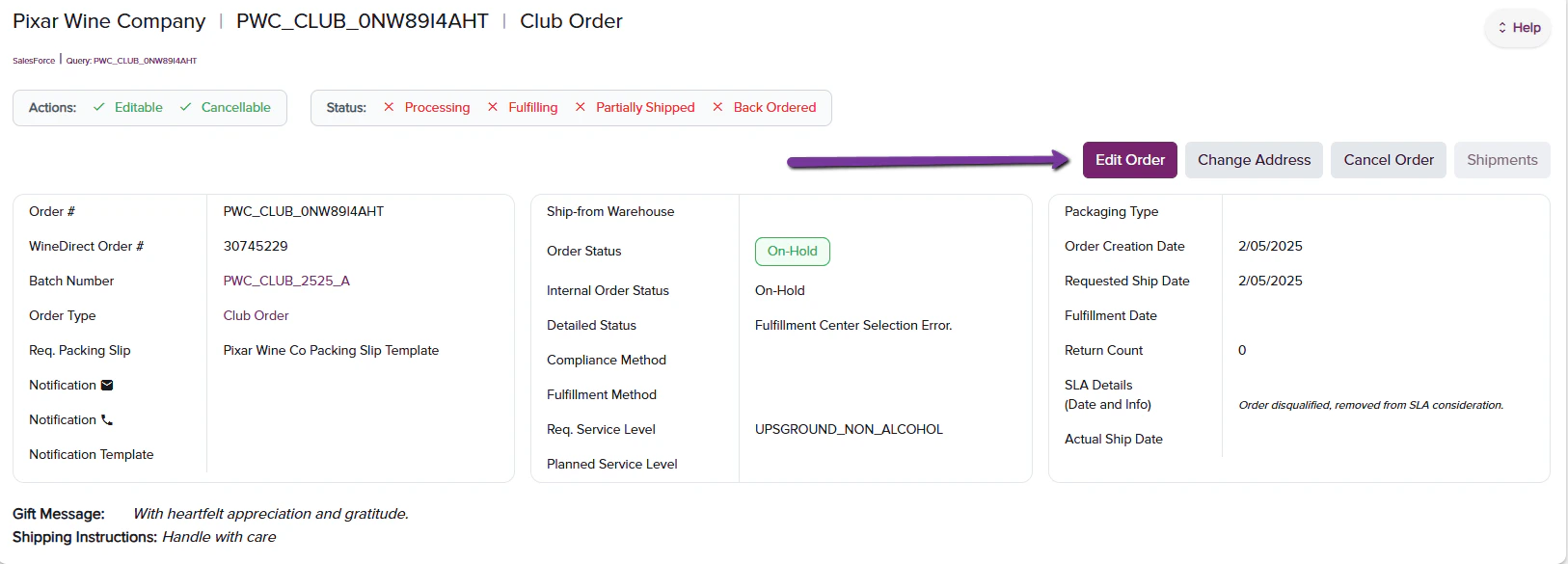 Edit Order button in General Order Information section