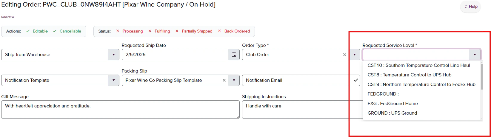 Requested service level dropdown with shipping options